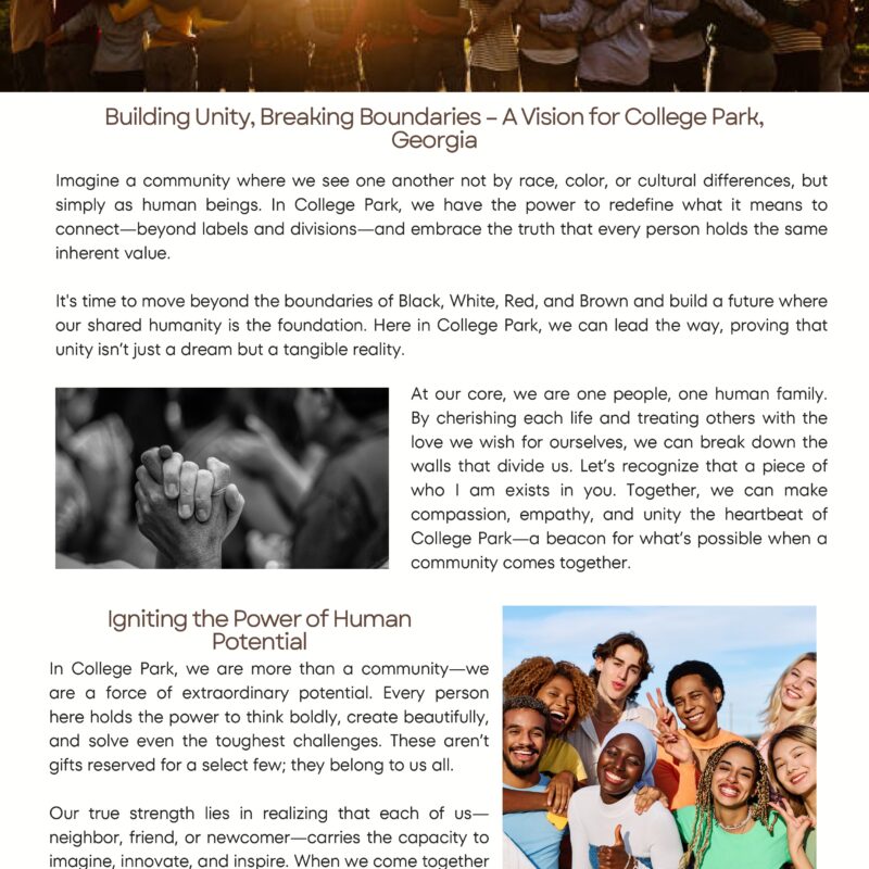 Community unity and human potential in College Park.