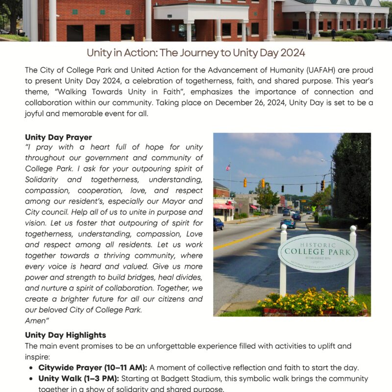 Flyer for Unity Day 2024 in College Park.